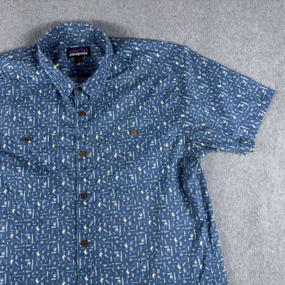Patagonia Shirt Mens L Blue Geo Hemp Organic Cotton Button Up Casual